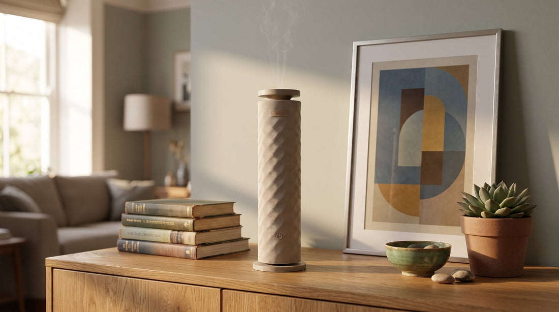 Lumiscent Tower cold-air diffuser on a wooden sideboard in a living room