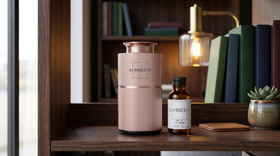 Lumiscent Lite diffuser beside an amber fragrance oil bottle