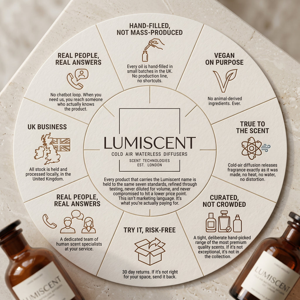 Lumiscent waterless cold air diffuser and fragrance oil collection