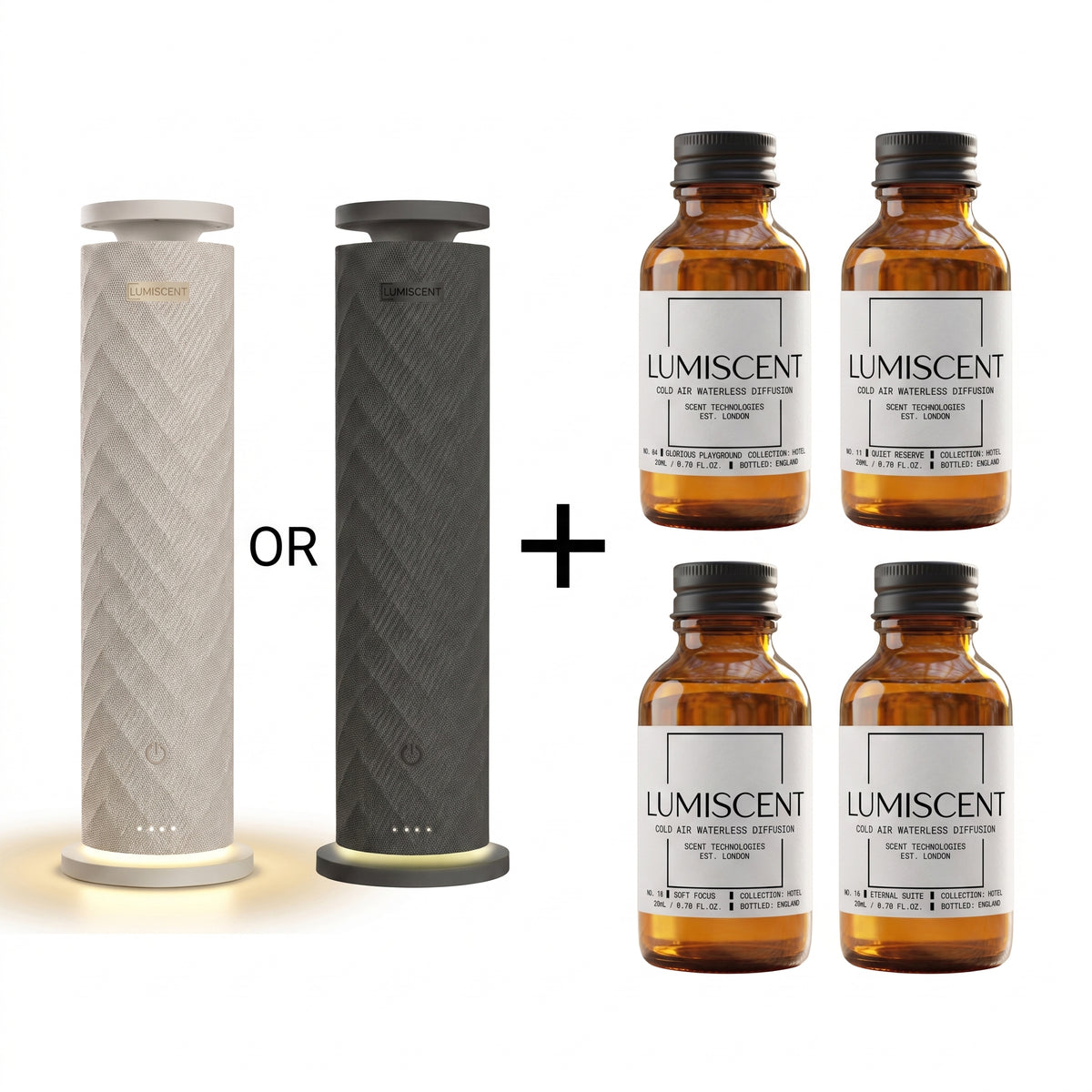 Lumiscent Tower diffuser with four Hotel Collection fragrance oils