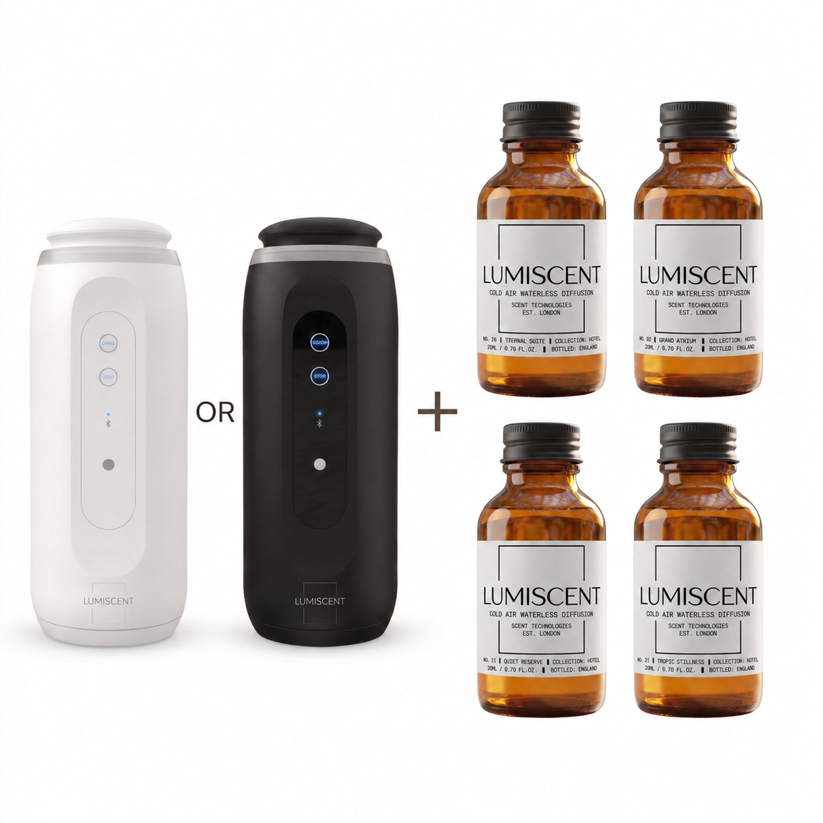 lumiscent halo glow hotel collection bundle with Eternal Suite, Grand Atrium, Quiet Reserve and Tropic Stillness, four 20ml oils