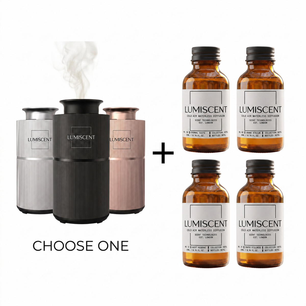 lumiscent halo lite hotel collection bundle with Eternal Suite, Grand Atrium, Quiet Reserve and Tropic Stillness, four 20ml oils
