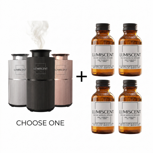 lumiscent halo lite hotel collection bundle with Eternal Suite, Grand Atrium, Quiet Reserve and Tropic Stillness, four 20ml oils