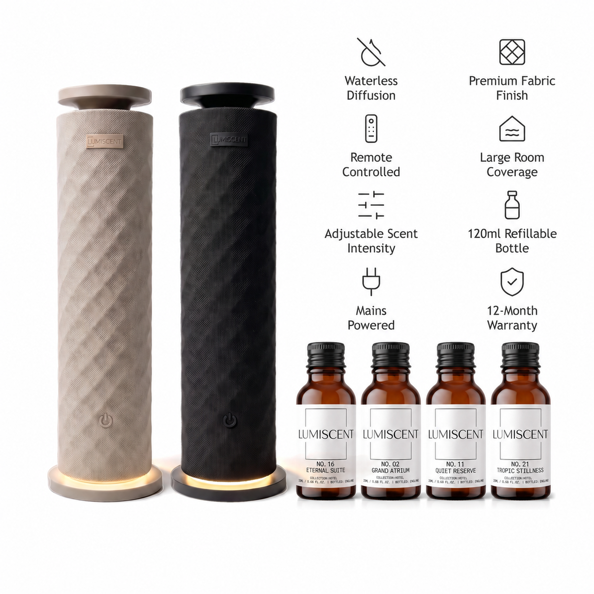 lumiscent halo tower hotel collection bundle with Eternal Suite, Grand Atrium, Quiet Reserve and Tropic Stillness, four 20ml oils