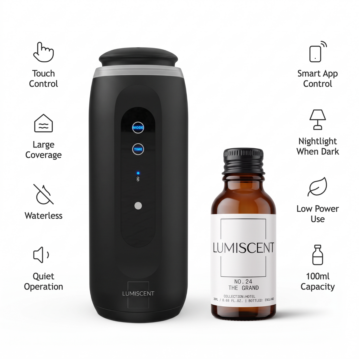 Black Lumiscent Glow diffuser with fragrance oil and features