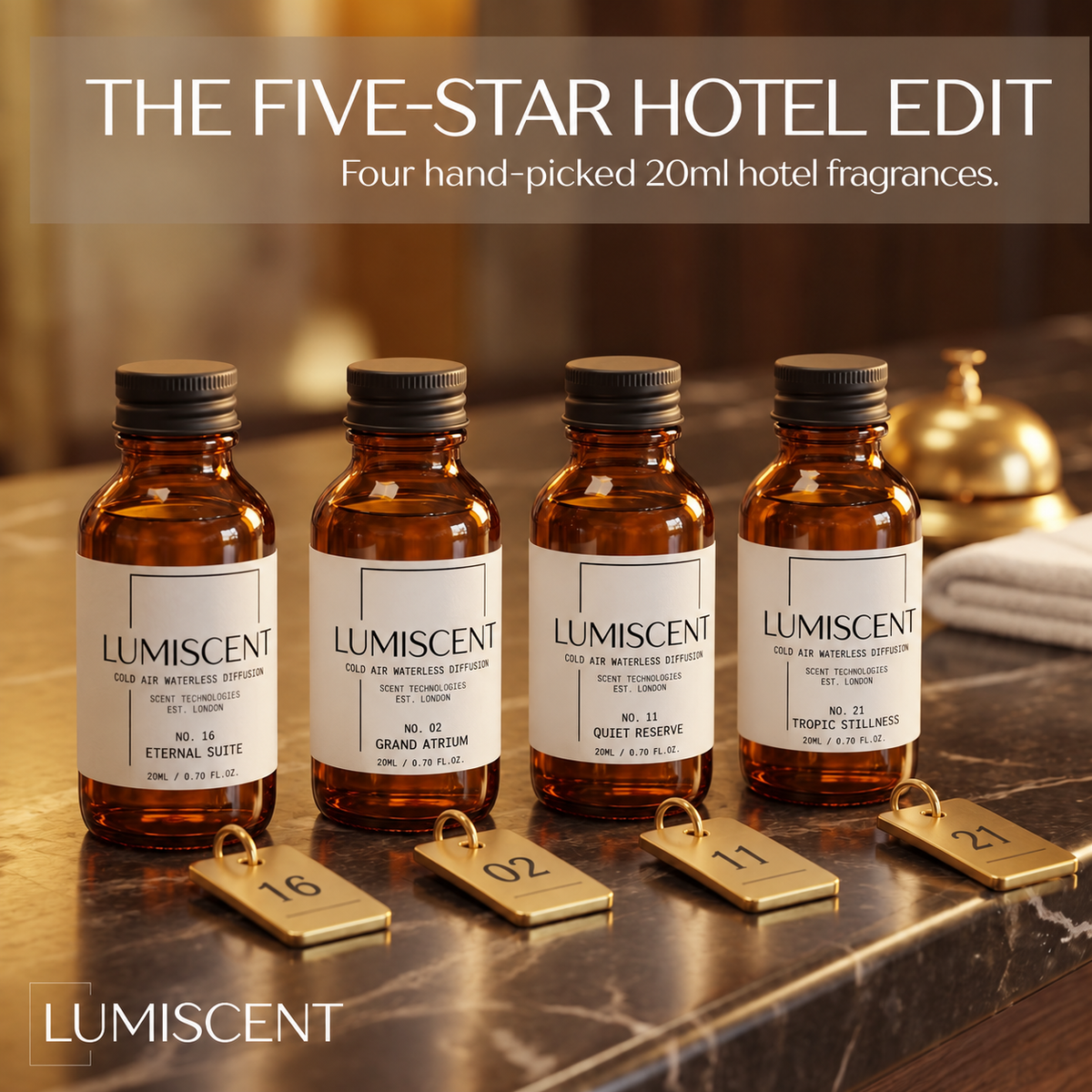The Five-Star Edit: four 20ml oils — Eternal Suite, Grand Atrium, Quiet Reserve and Tropic Stillness