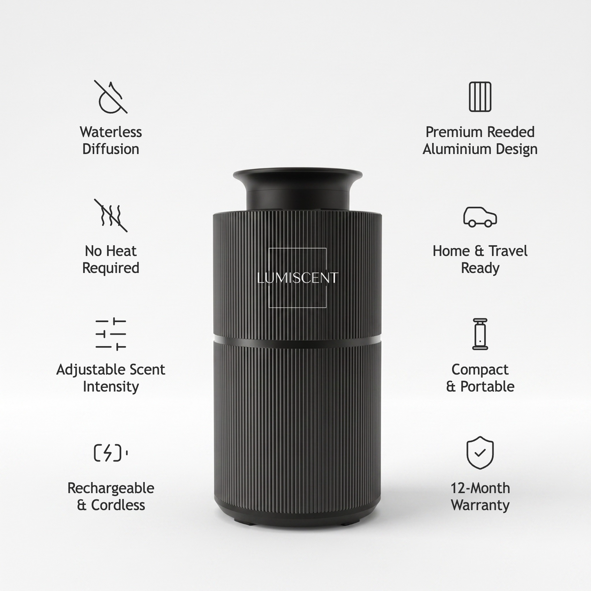 Lumiscent lite black diffuser with feature icons