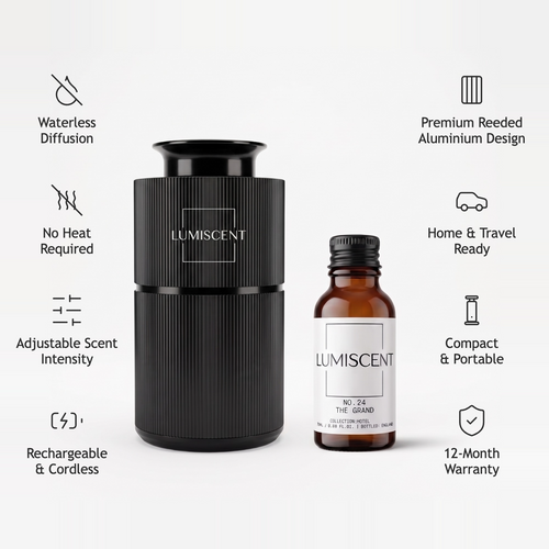 Lumiscent Lite in black with fragrance oil and features