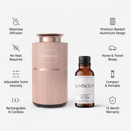 Lumiscent Lite in rose gold with fragrance oil and features