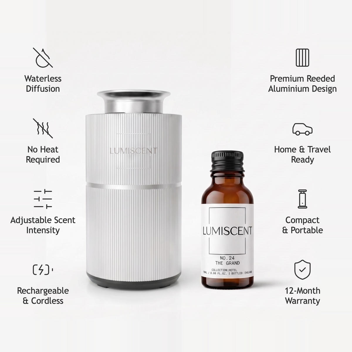 Lumiscent Lite in silver with fragrance oil and features