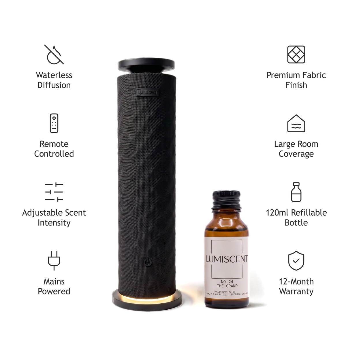 Lumiscent Tower Starter Bundle in Noir with a 20ml fragrance oil and diffuser features