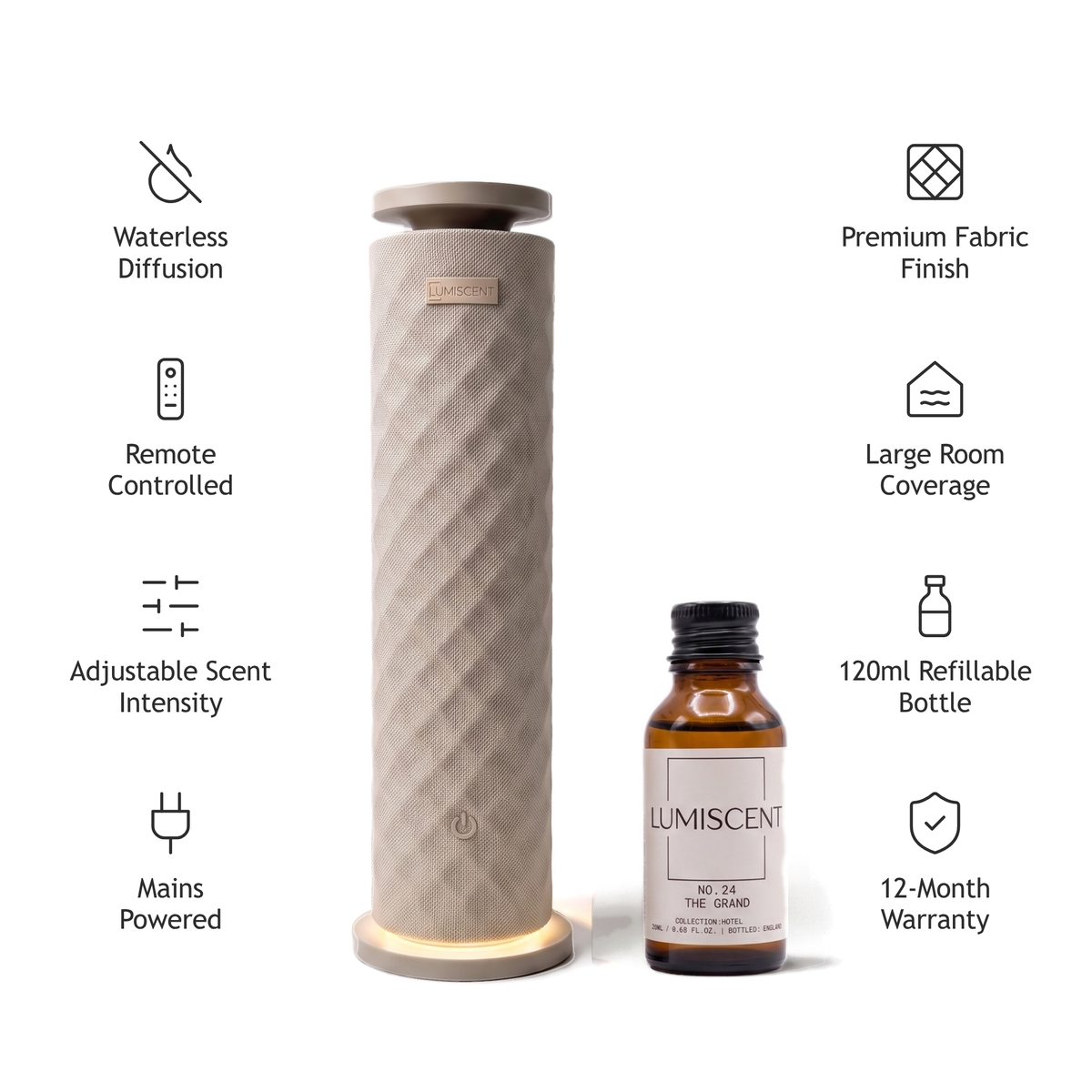Lumiscent Tower Starter Bundle in Sandstone with a 20ml fragrance oil and diffuser features