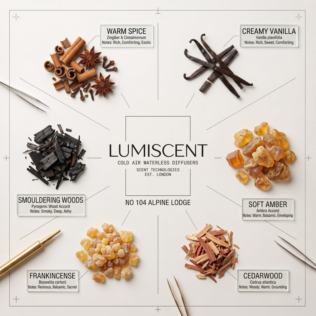 Lumiscent No. 104 Alpine Lodge scent profile: Warm Spice, Smouldering Woods, Creamy Vanilla, Soft Amber, Frankincense, Cedarwood