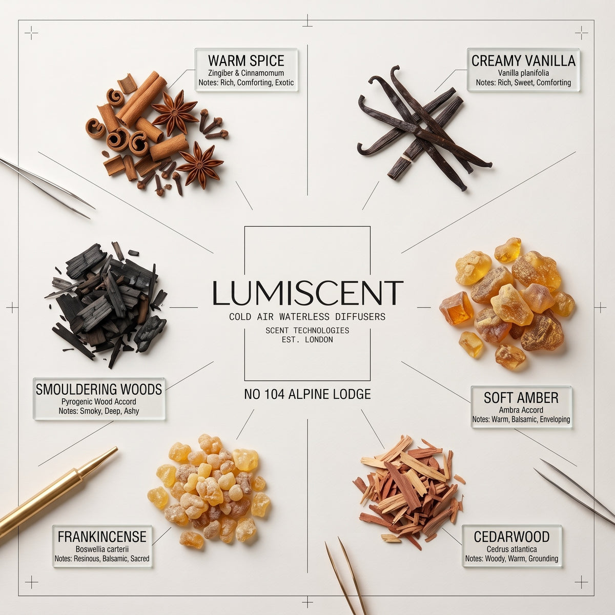 Lumiscent No. 104 Alpine Lodge scent profile: Warm Spice, Smouldering Woods, Creamy Vanilla, Soft Amber, Frankincense, Cedarwood