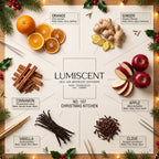 Lumiscent No. 107 Christmas Kitchen scent profile: Orange, Cinnamon, Ginger, Apple, Vanilla, Clove