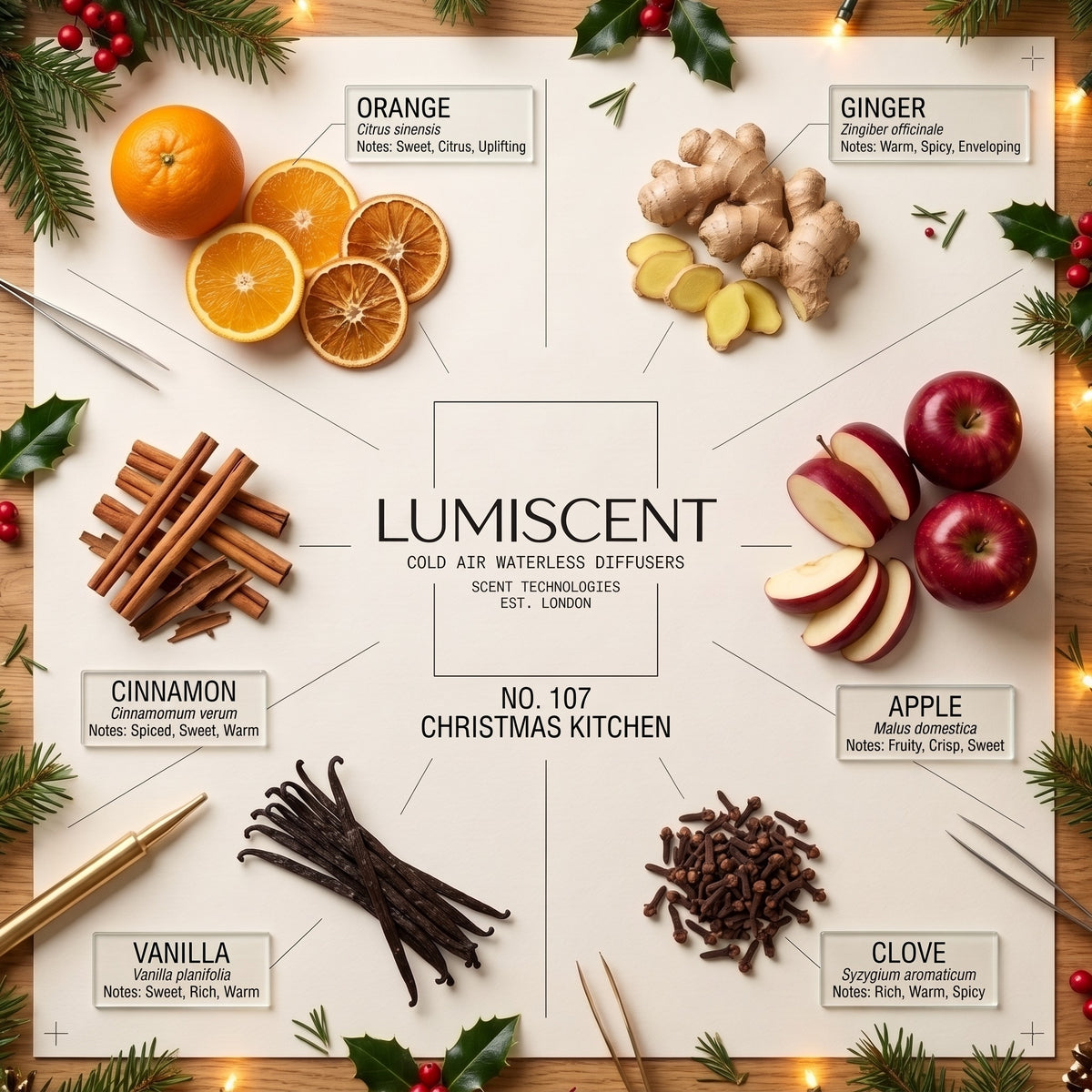 Lumiscent No. 107 Christmas Kitchen scent profile: Orange, Cinnamon, Ginger, Apple, Vanilla, Clove