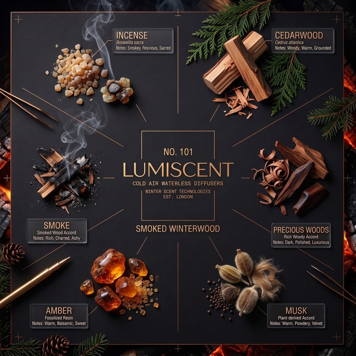 Lumiscent No. 101 Smoked Winterwood scent profile: Incense, Smoke, Cedarwood, Precious Woods, Amber, Musk