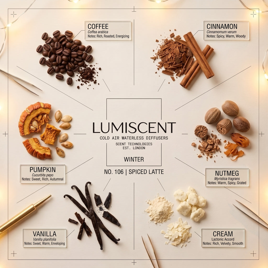 Lumiscent No. 106 Spiced Latte scent profile: Coffee, Pumpkin, Cinnamon, Nutmeg, Vanilla, Cream