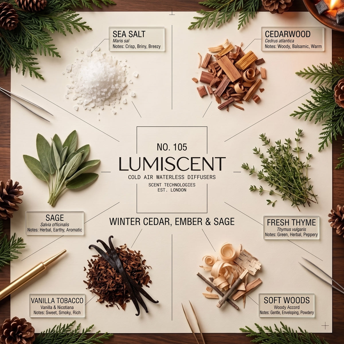 Lumiscent No. 105 Winter Cedar, Ember & Sage scent profile: Sea Salt, Sage, Cedarwood, Fresh Thyme, Vanilla Tobacco, Soft Woods