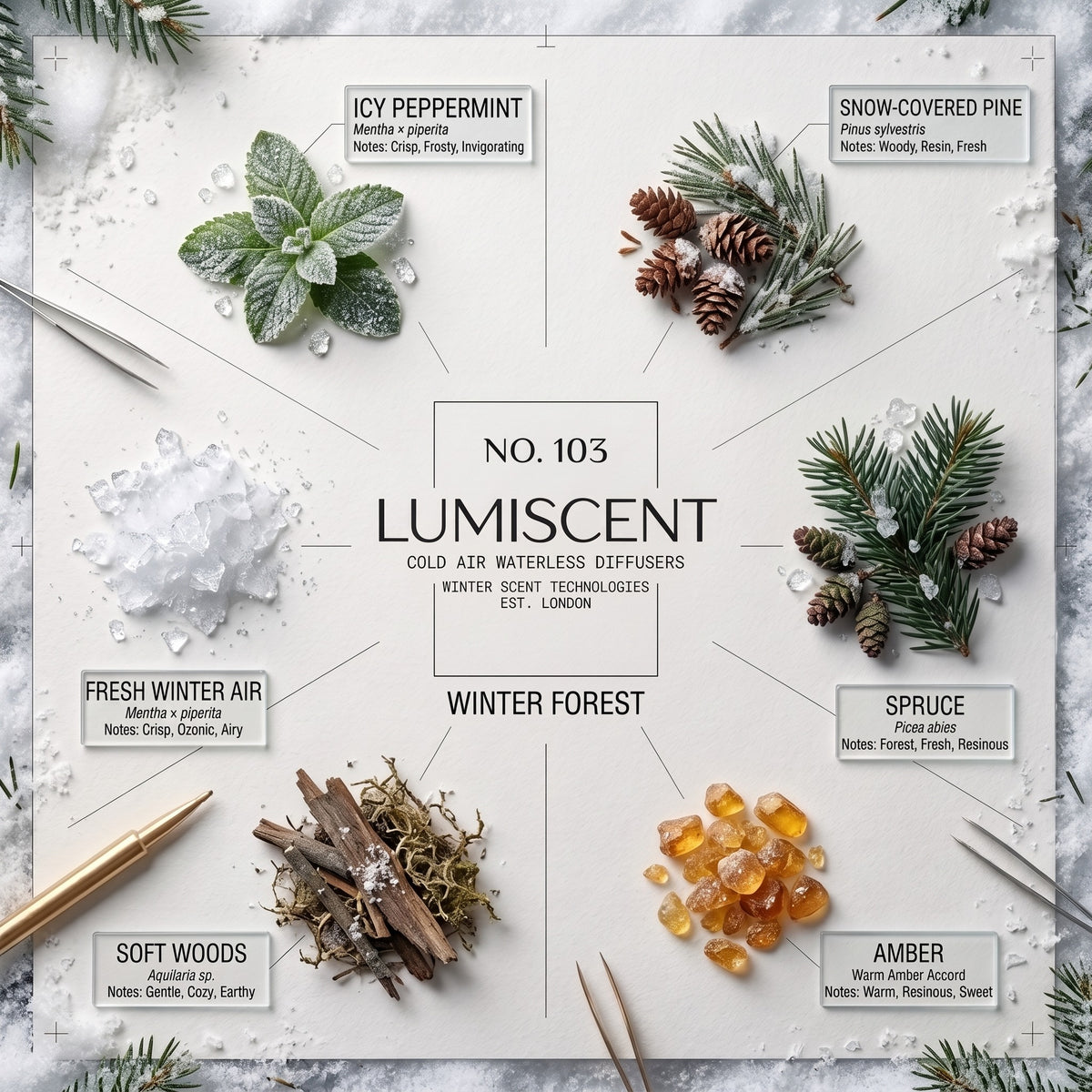 Lumiscent No. 103 Winter Forest scent profile: Icy Peppermint, Fresh Winter Air, Snow-Covered Pine, Spruce, Soft Woods, Amber
